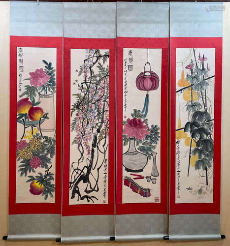 QI BAISHI, FOUR FLOWER PAINTING SCREENS