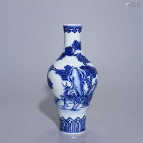 BLUE AND WHITE CRANE AND DEER OLIVE-SHAPED VASE