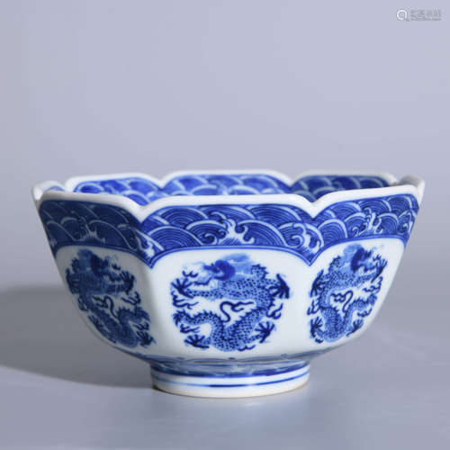 BLUE AND WHITE DRAGON OCTAGONAL BOWL