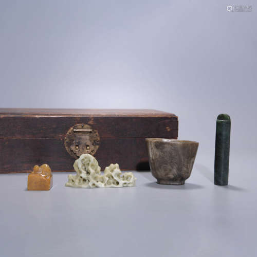  FOUR SCHOLARS’ ITEMS, JADE, TIANHUANG STONE WITH BOX