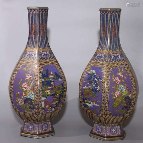  PAIR OF FALANGCAI HEXAGONAL VASES