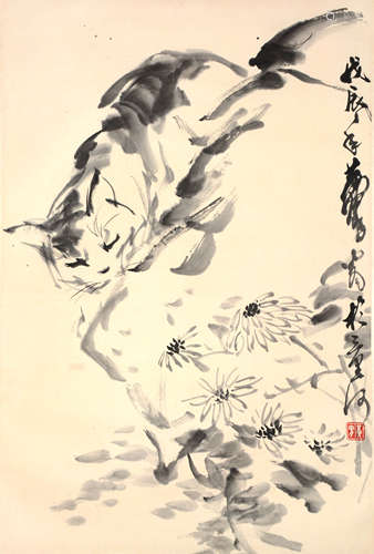 HUANG ZHOU, CAT AND FLOWER PAINTING SCROLL