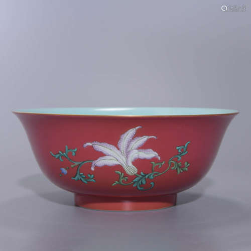 ROUGE RED GROUND FAMILLE ROSE FLOWER BOWL