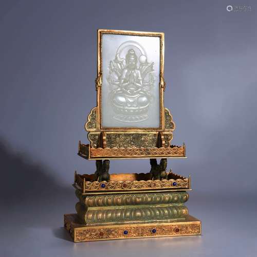 GILT INLAYING WHITE JADE GUANYIN TABLE SCREEN