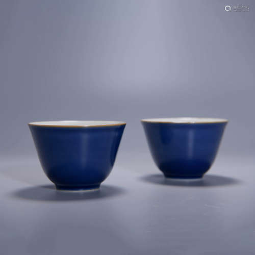  PAIR OF ALTAR BLUE GLAZE CUPS