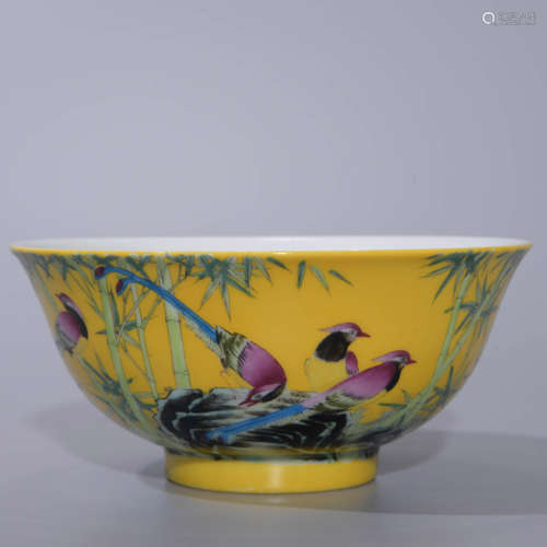  YELLOW GLAZE ENAMELED INSCRIBED FLOWER AND BIRD BOWL