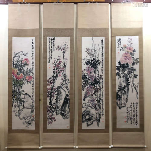 WU CHANGSHUO, CHINESE FOUR FLOWERS PAINTING SCREENS