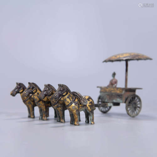 GOLD AND SILVER INLAYING CARRIAGE AND HORSE GROUP