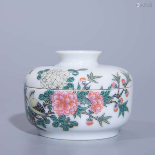 FAMILLE ROSE INSCIBED FLOWER AND BIRD JAR AND COVER