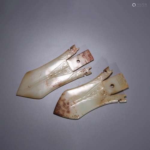 PAIR OF BROWNISH JADE BLADES