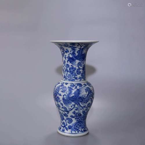 BLUE AND WHITE PHOENIX BEAKER VASE