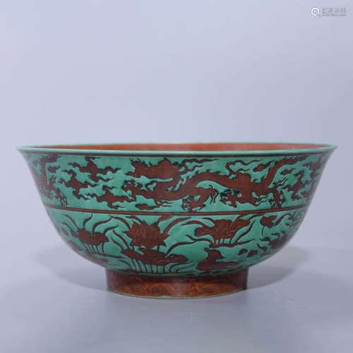 GREEN GROUND AND RED ENAMEL DRAGON BOWL