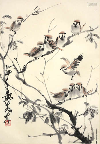 HUANG ZHOU, SPARROW AND SPRING PAINTING ON PAPER