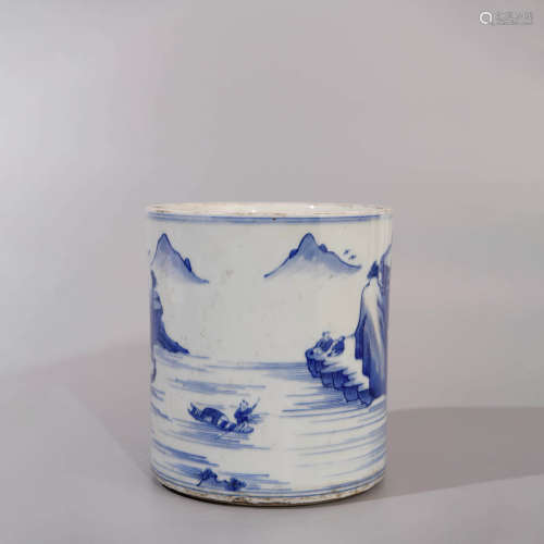 BLUE AND WHITE LANDSCAPE BRUSH POT