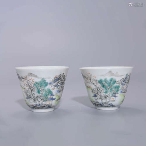 PAIR OF FAMILLE ROSE LANDSCAPE CUPS