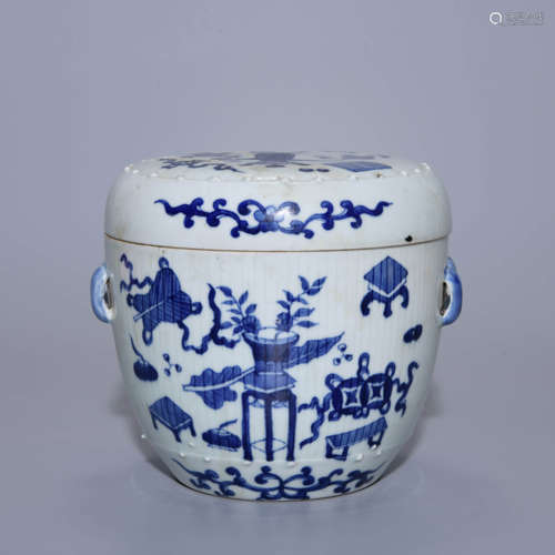 BLUE AND WHITE EIGHT TREASURES PORRIDGE JAR AND COVER