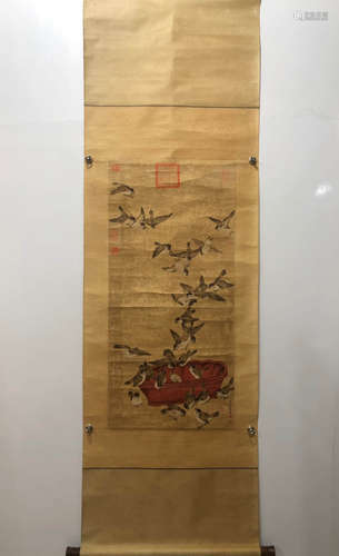 ZOU YIGUI, FLOWER AND BIRDS PAINTING PAPER SCROLL