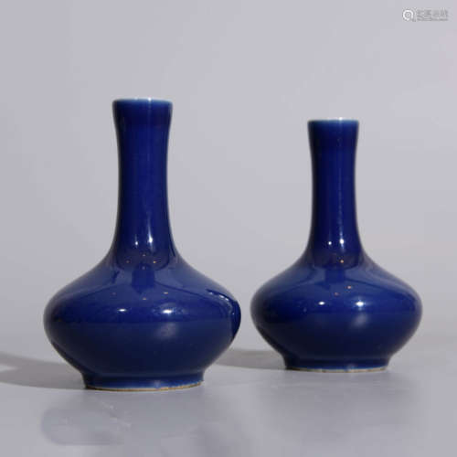 PAIR OF ALTAR BLUE GLAZE BOTTLE VASES