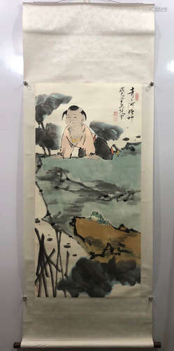 FAN ZENG, KID AND RIVER BANK PAINTING PAPER SCROLL