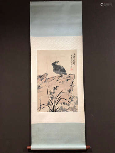 LI KUCHAN, EAGLE AND STONE PAINTING PAPER SCROLL