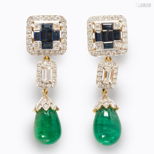 A pair of emerald, sapphire and diamond drop earrings