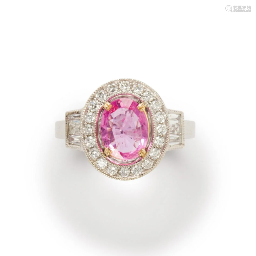 A pink sapphire, diamond and fourteen karat white gold