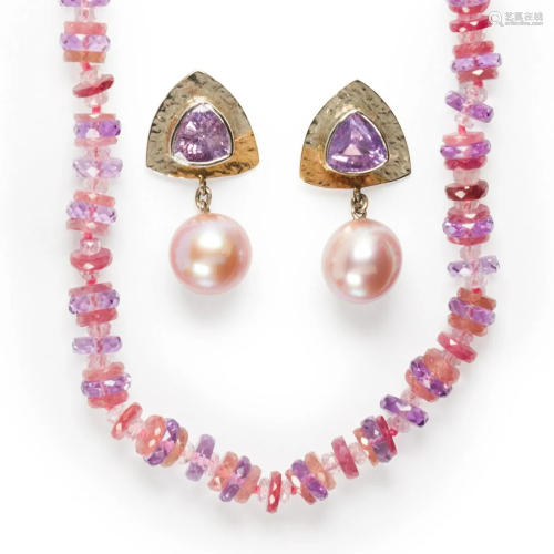 A sapphire and amethyst bead necklace and pair of pearl