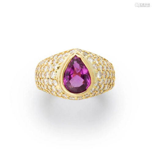 A pink sapphire, diamond and eighteen karat gold ring