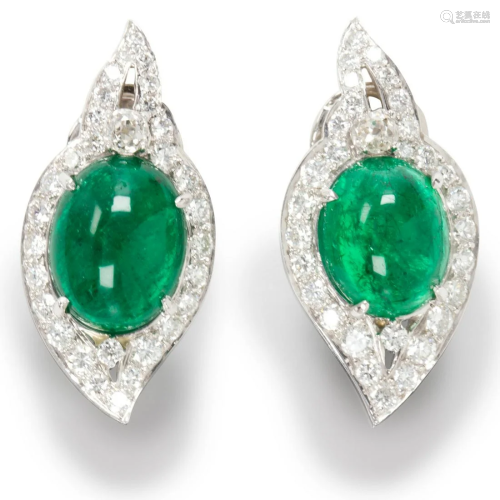 A pair of emerald, diamond and fourteen karat white