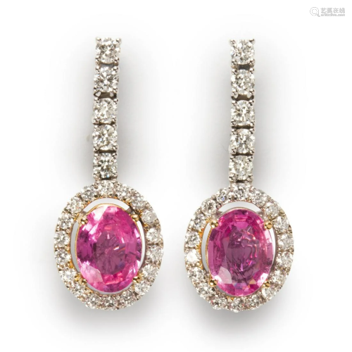 A pair of pink sapphire, diamond and fourteen karat