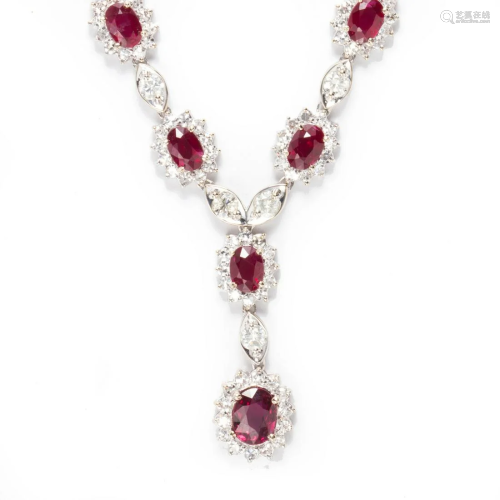 A ruby, diamond and eighteen karat white gold necklace