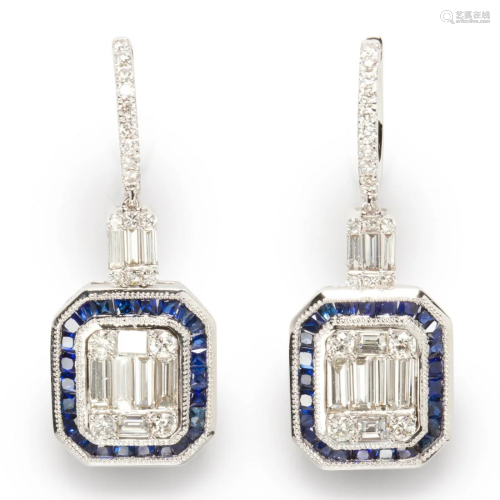 A pair of sapphire, diamond and eighteen karat white