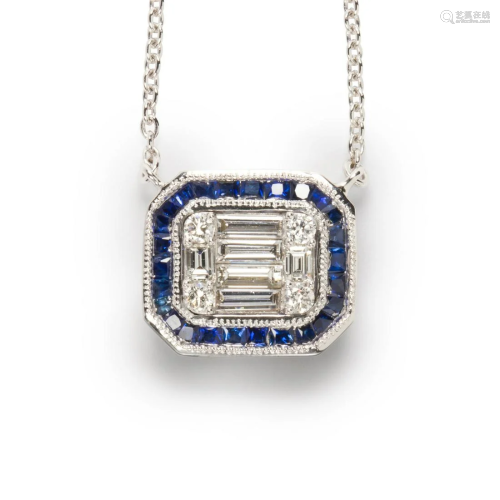 A diamond, sapphire and white gold pendant necklace