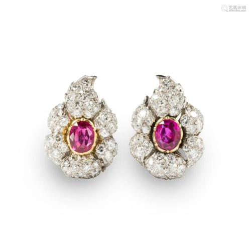 A pair of ruby, diamond and platinum ear clips,