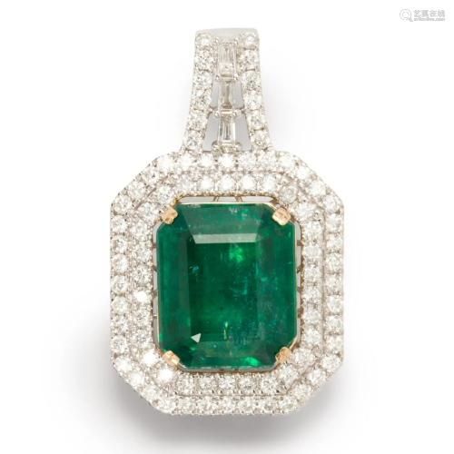 An emerald, diamond and fourteen karat white gold
