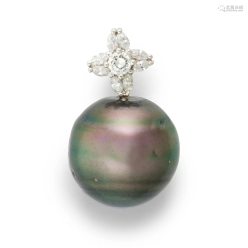 A Tahitian South Sea pearl, diamond and fourteen karat