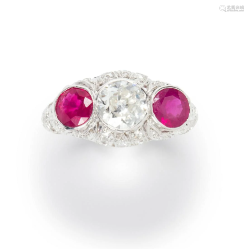 A Burma ruby, diamond and platinum ring