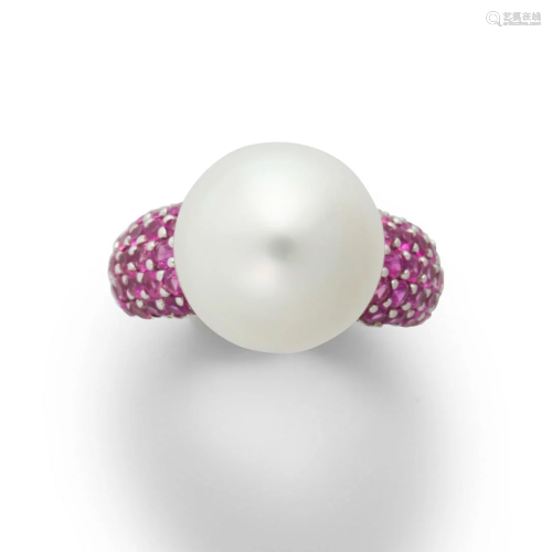 A South Sea pearl, pink sapphire and eighteen karat
