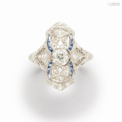 An Art Deco diamond, sapphire and platinum ring