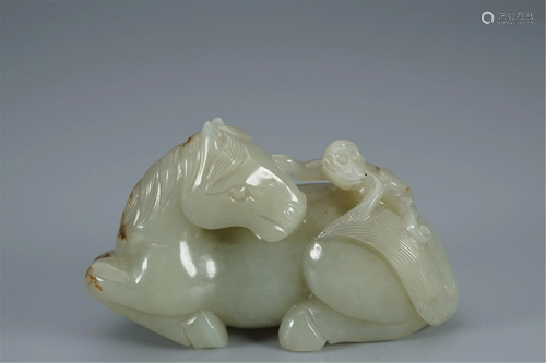 A JADE CARVING OF MONKEY AND HORSE