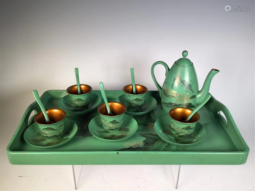 A SET OF GOLD PAINTED LACQUERED WOODEN TEA WARES