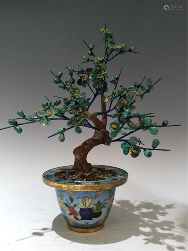 A TURQUOISE FLORAL BONSAI WITH CLOISONNE BASIN