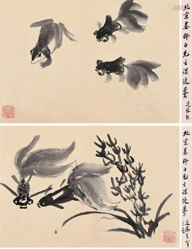 娄师白（1918～2010） 鱼乐图 （两幅） 镜片 纸本