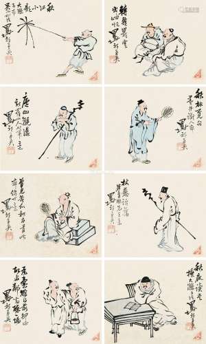 郭友松（1820～1887） 人物故事 （四件） 屏轴双挖 纸本