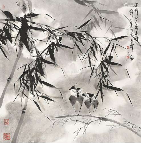 韩天衡（b.1940） 竹林小鸟 镜片 纸本