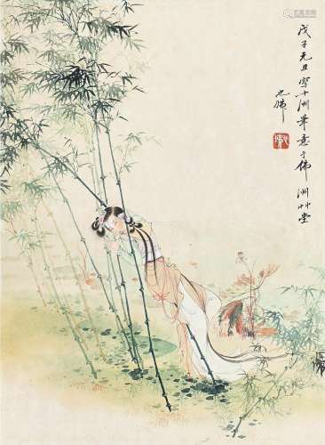胡也佛（1908～1980） 倚竹仕女 立轴 纸本