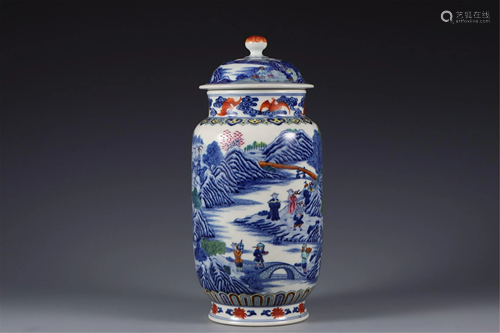 A BLUE AND WHITE DOUCAI FIGURES STORY JAR AND COVER