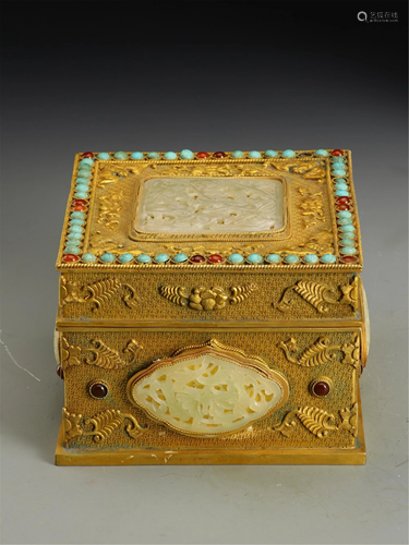 A HARD-STONES AND JADE INLAID GILT BRONZE BOX AND COVER