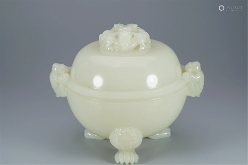 A WHITE JADE CARVED TRIPOD INCENSE BURNER