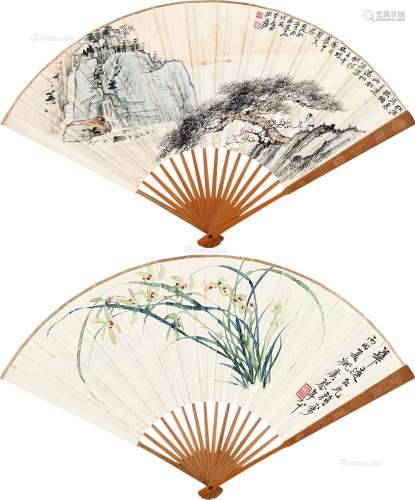 张大千（1899～1983）姚虞琴（1867～1961） 山水 兰花 成扇 纸本